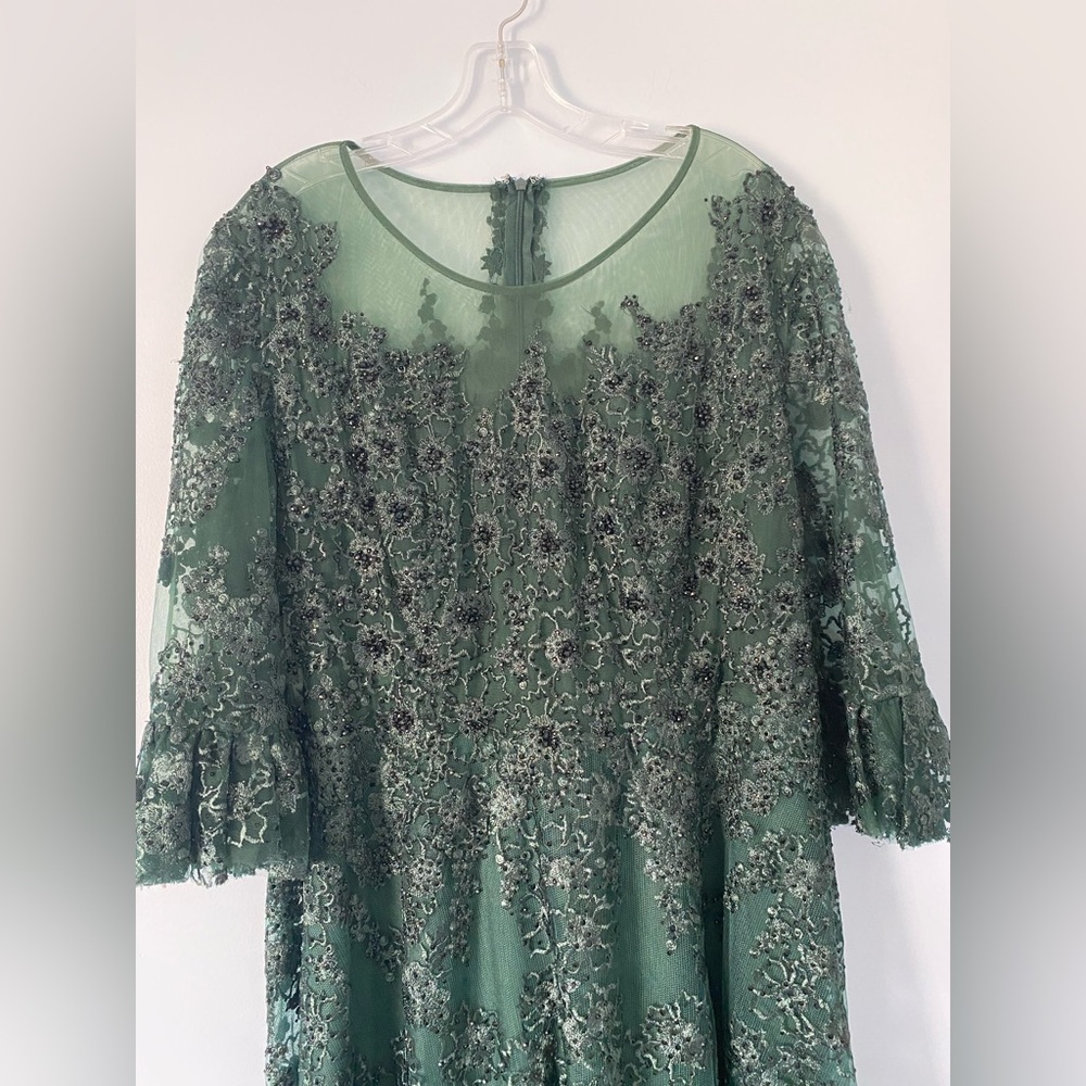 Mac Duggal Green High Neck Flutter Sleeve Embroidered A Line Evening Gown - Picture 5 of 7